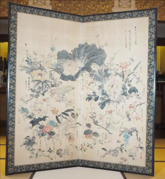 浄輪寺の花卉寄合描屏風（表面）